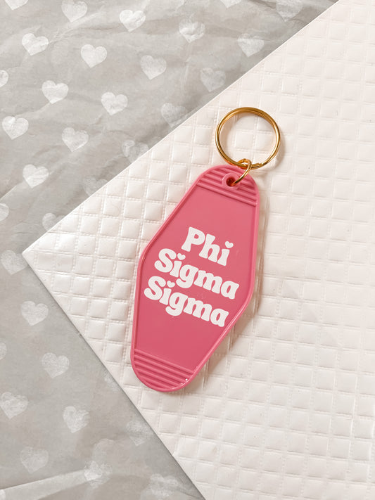 Phi Sigma Sigma Motel Hotel Key Chain in Hot pink with white letters and gold ring. PhiSig PSS