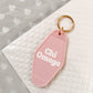 Chi Omega Motel Hotel Key Chain in Soft pink with white letters and gold ring. ChiO XO