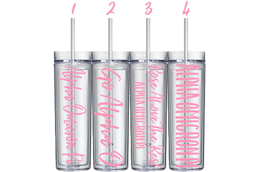 1.  Alpha Omicron Pi in a script font  2. Go Alpha O in a script font  3. Rose Above The Rest in a script font with Alpha Omicron Pi Printed in a smaller font below 4. Alpha Omicron Pi in a bold printed font