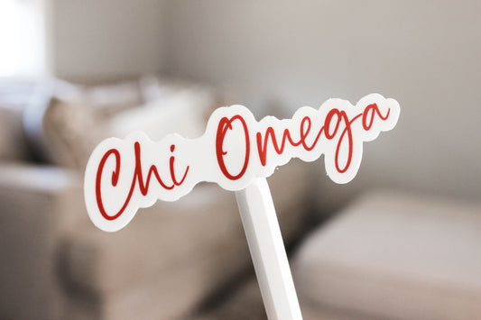 Chi Omega Sticker in Chi O Cardinal and handwritten script XO