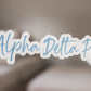 Alpha Delta Pi Sticker in Alphie Azure Blue and handwritten script ADPi