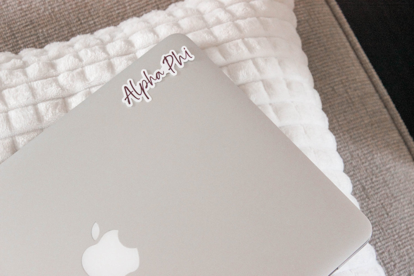 Alpha Phi Script Sticker in Bordeaux and handwritten script APhi