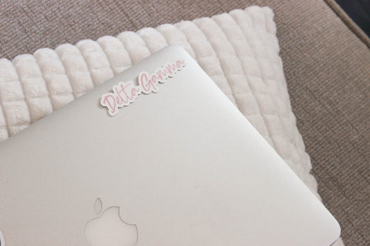 Delta Gamma Sticker in Delta Gam Pink and handwritten script DG