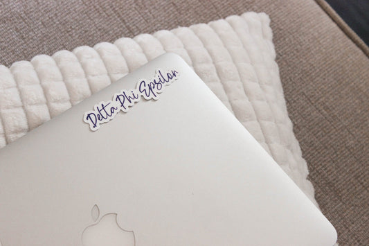 Delta Phi Epsilon Sticker in DPE Royal Purple and handwritten script DPhiE