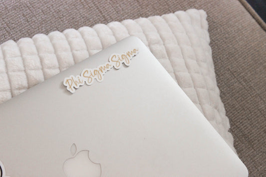 Phi Sigma Sigma Sticker in Phi Sig Gold and handwritten script PSS