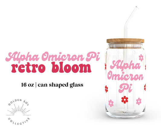 Alpha Omicron Pi Sorority 16oz Retro Bloom Can Shaped Glass