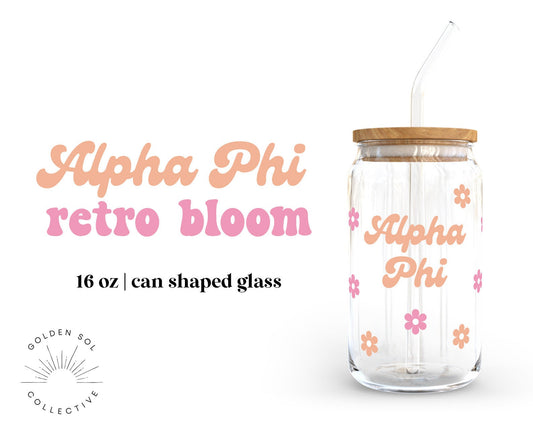 Alpha Phi Sorority 16oz Retro Bloom Can Shaped Glass
