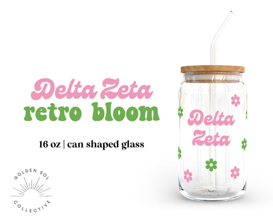 Delta Zeta Sorority 16oz Retro Bloom Can Shaped Glass
