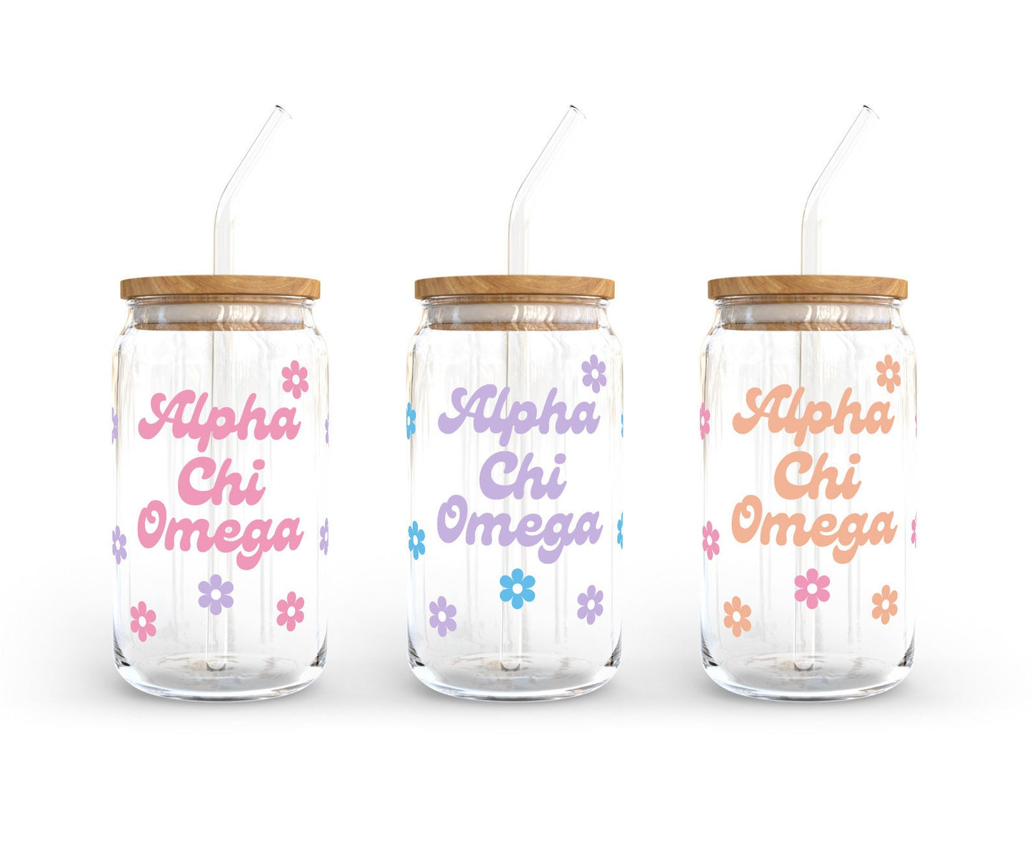 Alpha Chi Omega Glass Can examples in Soft Pink, Lavender, Sky Blue and Salmon