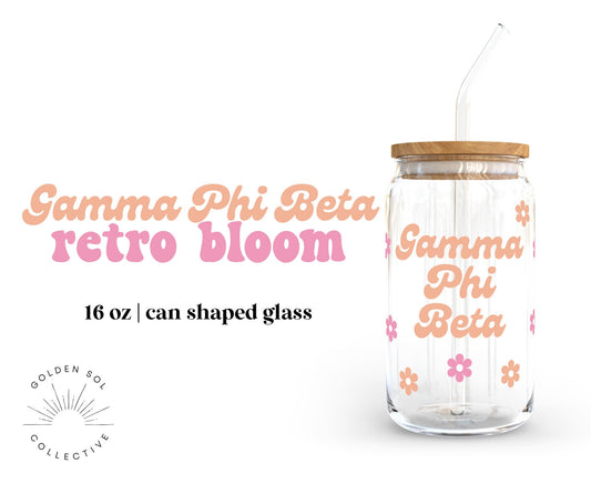 Gamma Phi Beta 16oz Can Shaped Glass with Bamboo Lid, Glass Straw and two tone floral design