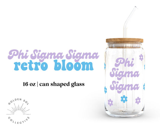 Phi Sigma Sigma Sorority 16oz Retro Bloom Can Shaped Glass