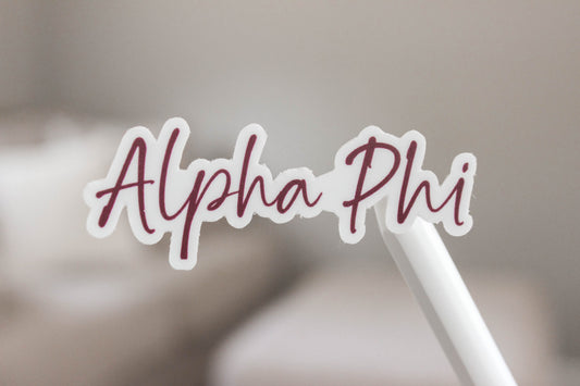 Alpha Phi Sticker in APhi Bordeaux and handwritten script APhi