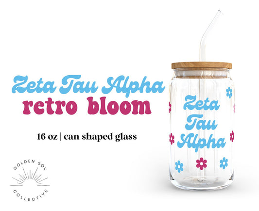 Zeta Tau Alpha Sorority Retro Bloom Can Shaped Glass