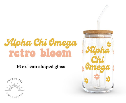 Alpha Chi Omega Sorority Retro Bloom Can Shaped Glass