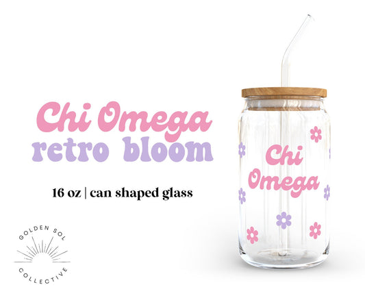 Chi Omega Sorority Retro Bloom Can Shaped Glass